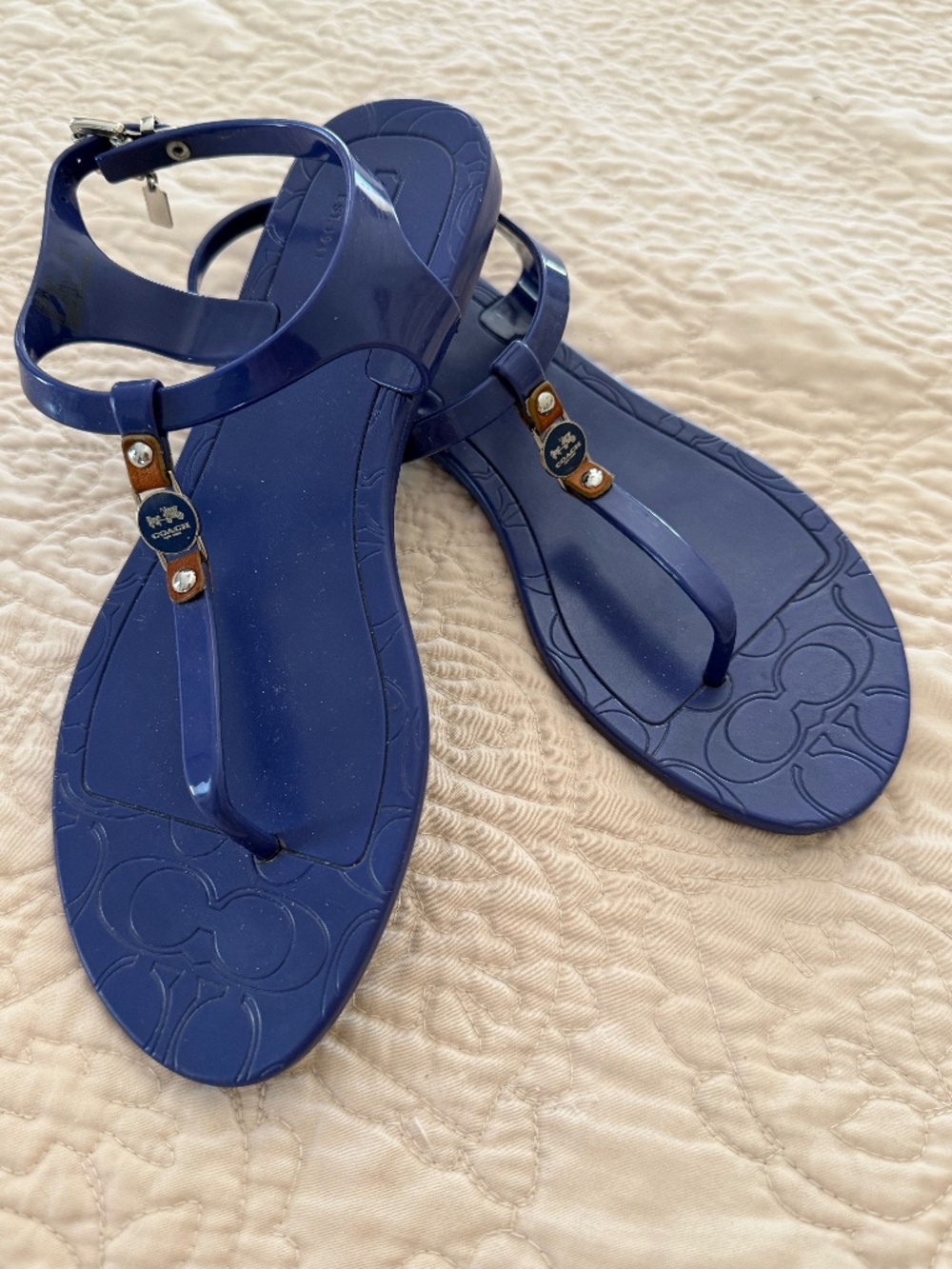 Coach Cobalt Blue Jelly T-Strap Sandals Silver Logo Medallion